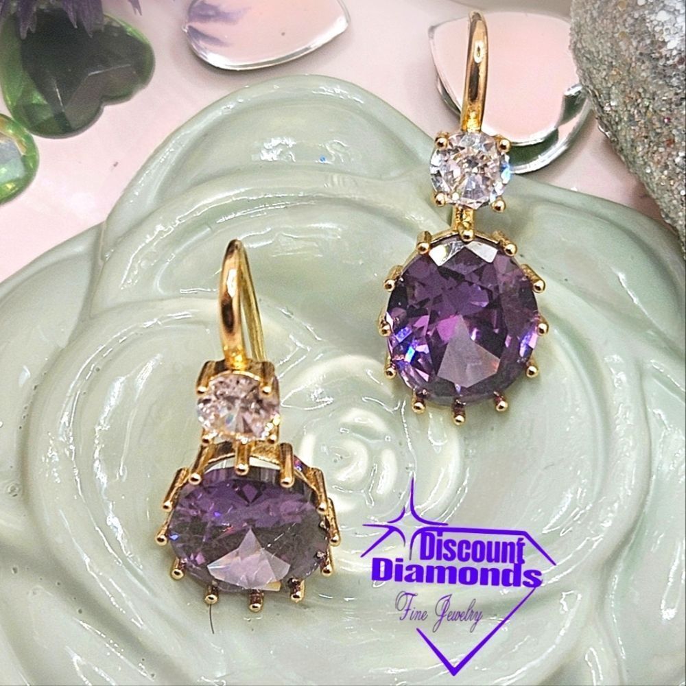 Oval Amethyst (Purple) Earrings 14K Bright Yellow Gold on 925 Silver - Picture 10 of 10